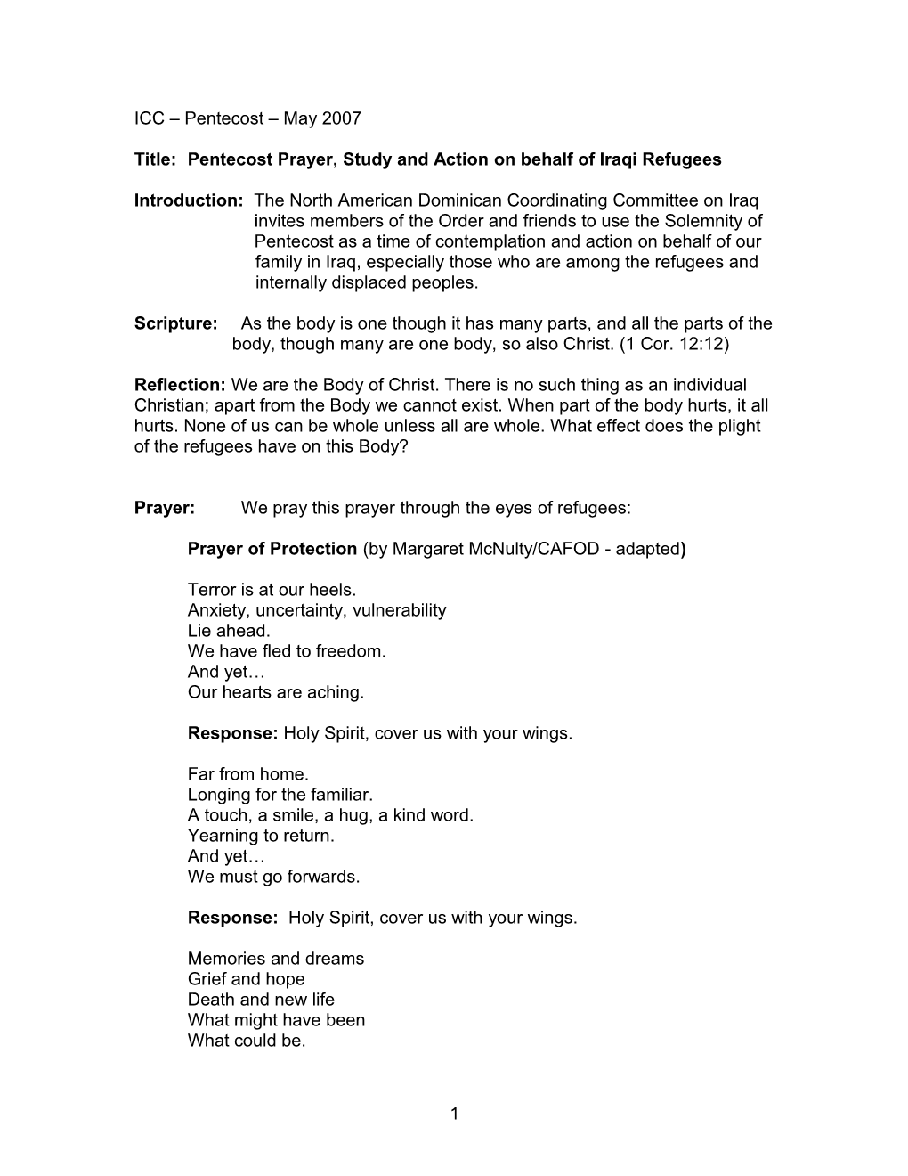 Title: Pentecost Prayer, Study and Action on Behalf of Iraqi Refugees