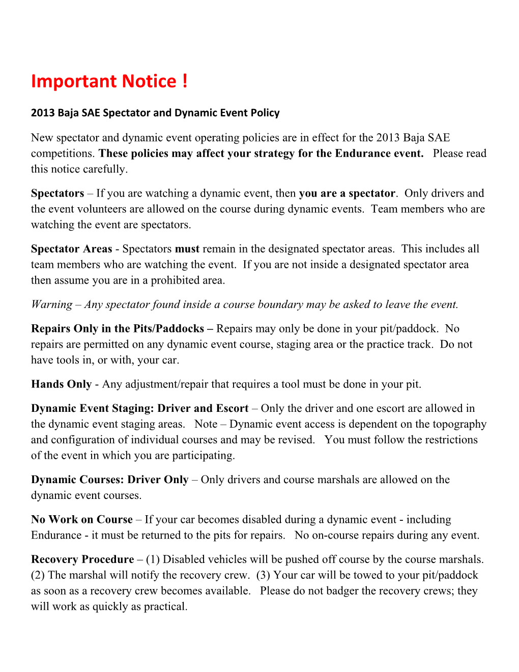 2013 Baja SAE Spectator and Dynamic Event Policy
