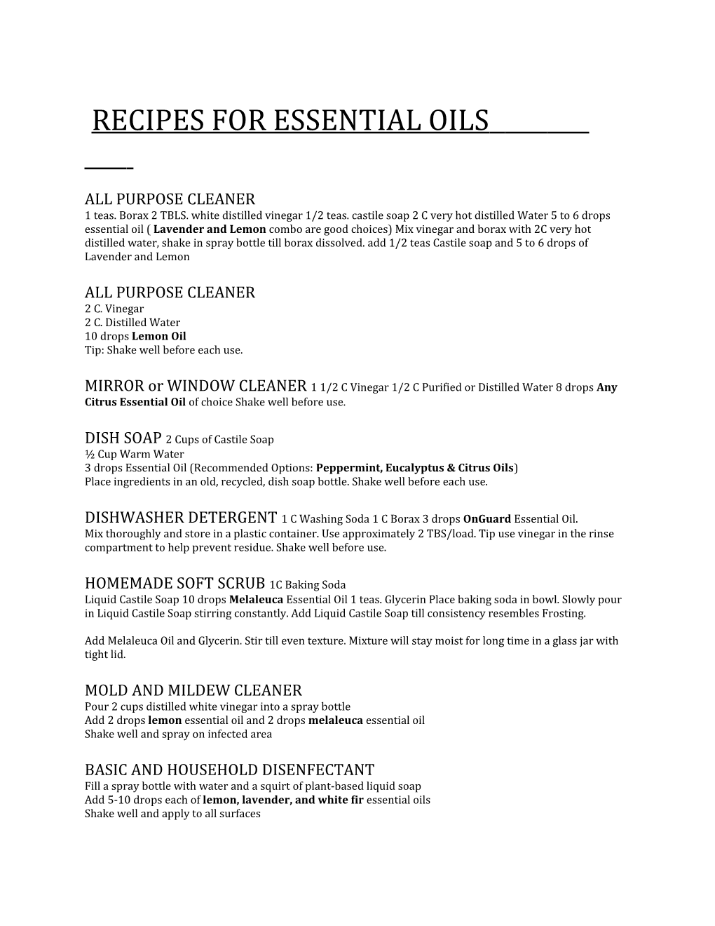 Recipes for Essential Oils