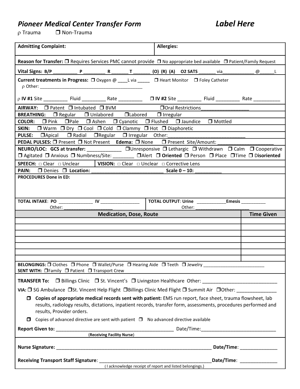 Pioneer Medical Center Transfer Form Label Here