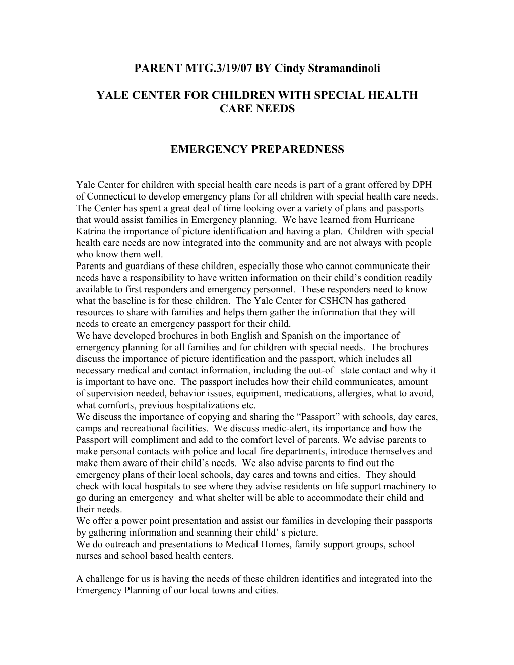 Yale Centerr for Children with Special Health Care Needs