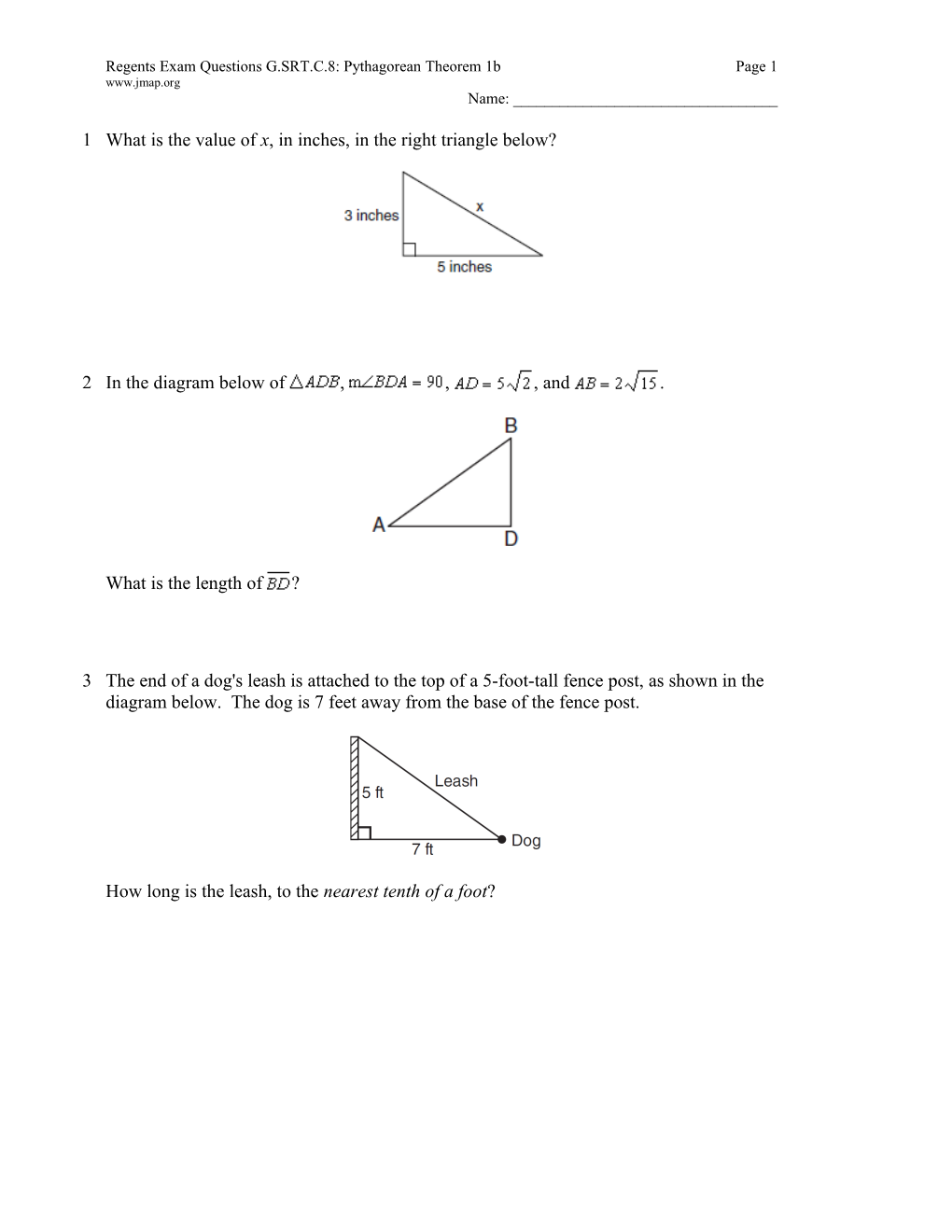 Regents Exam Questions G.SRT.C.8: Pythagorean Theorem 1B Page 5
