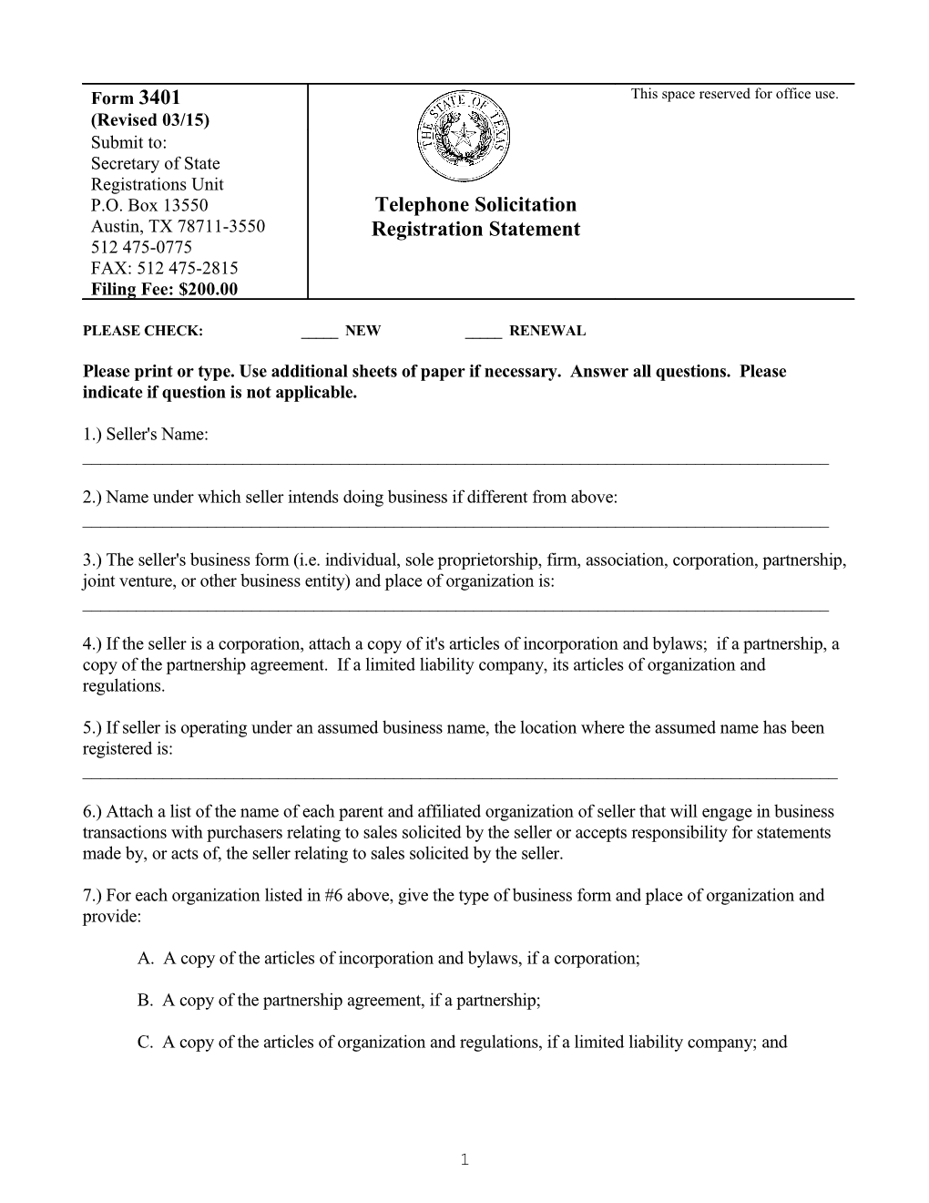 Telephone Solicitation Registration Statement