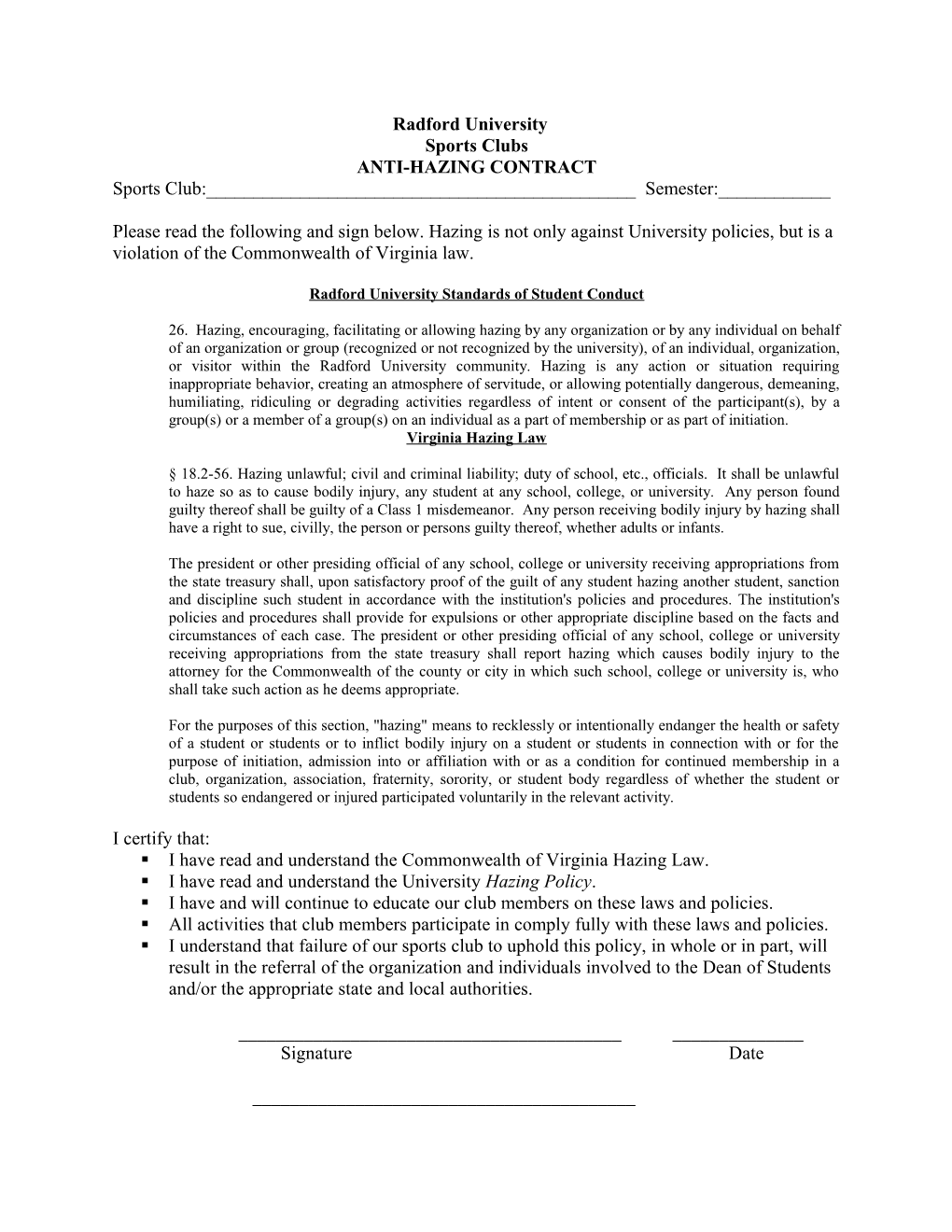 Anti-Hazing Contract