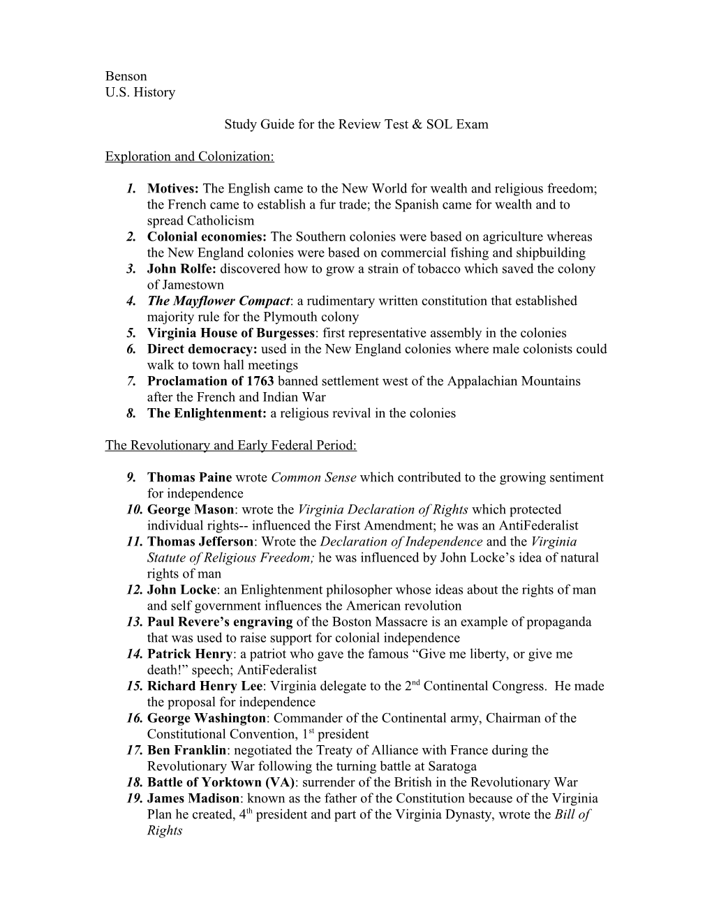 Study Guide for the Review Test & SOL Exam