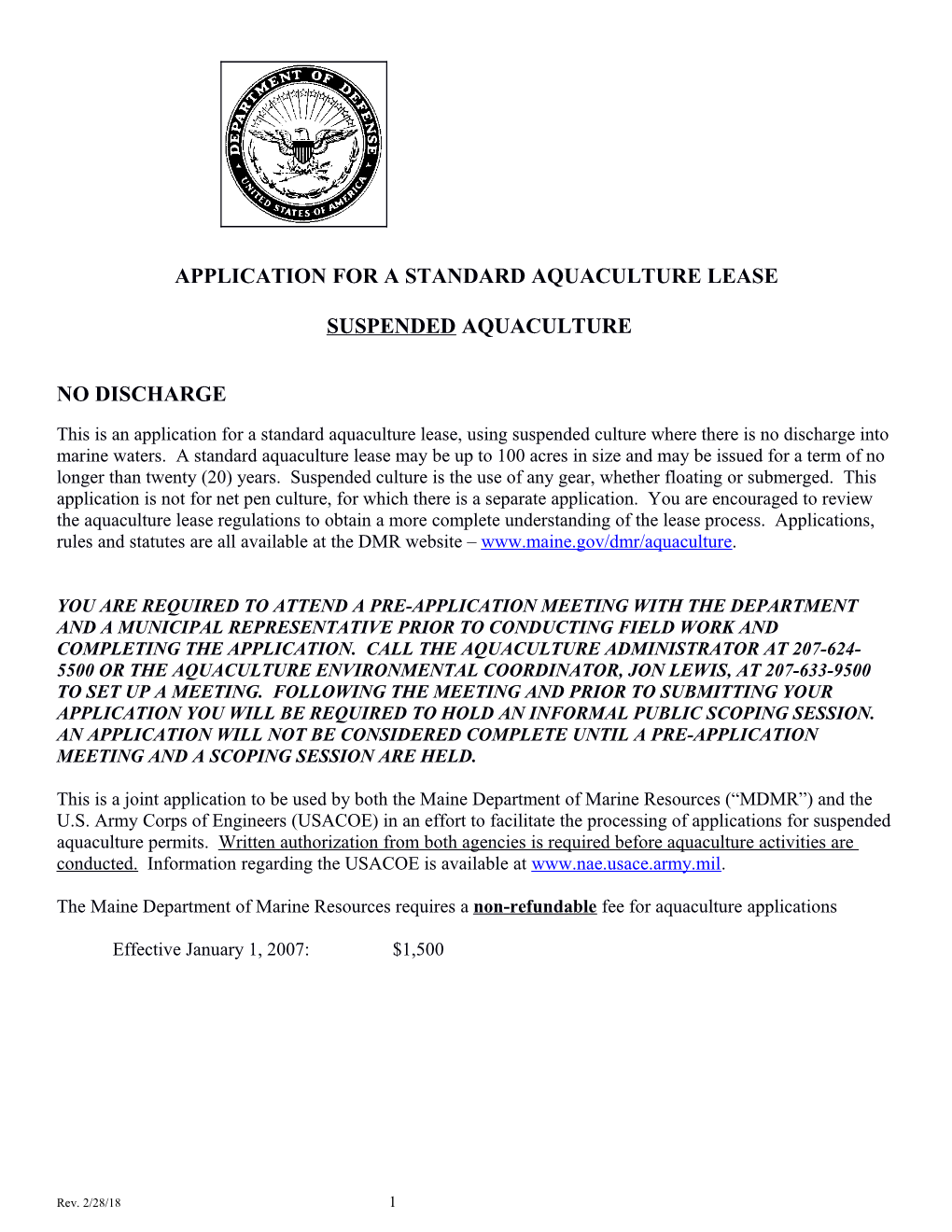 Application for a Standard Aquaculture Lease