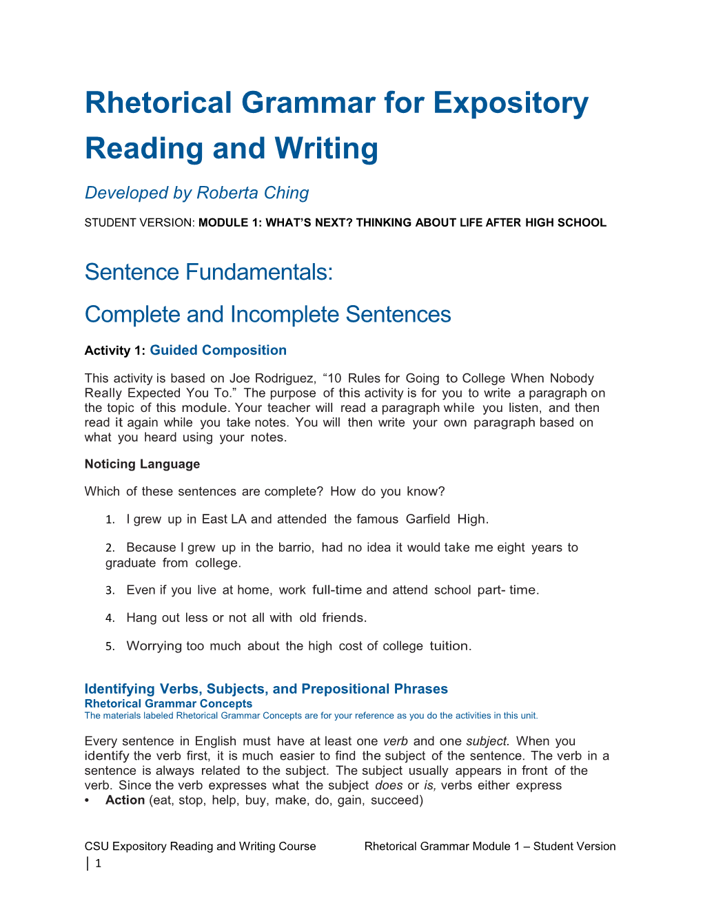 Rhetorical Grammar for Expository Reading and Writing