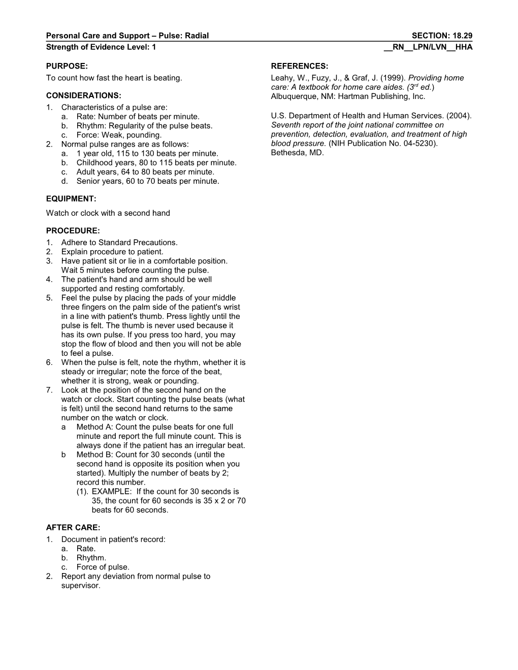 Personal Care and Support Pulse: Radial SECTION: 18.29