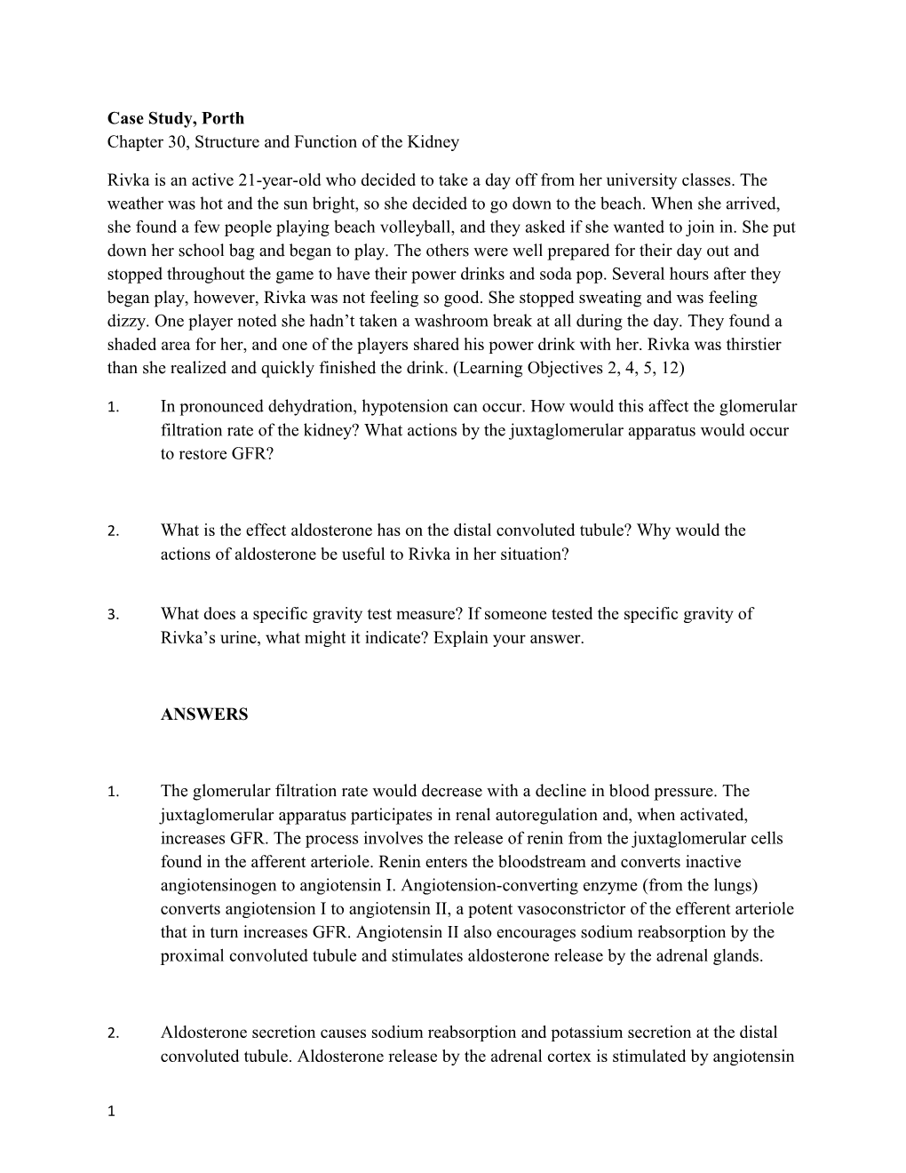 Case Study, Porth Chapter 30, Structure and Function of the Kidney