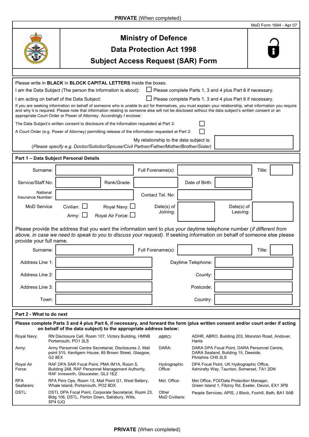 MOD Dpact 98 - SAR Form - Revised Mar 07