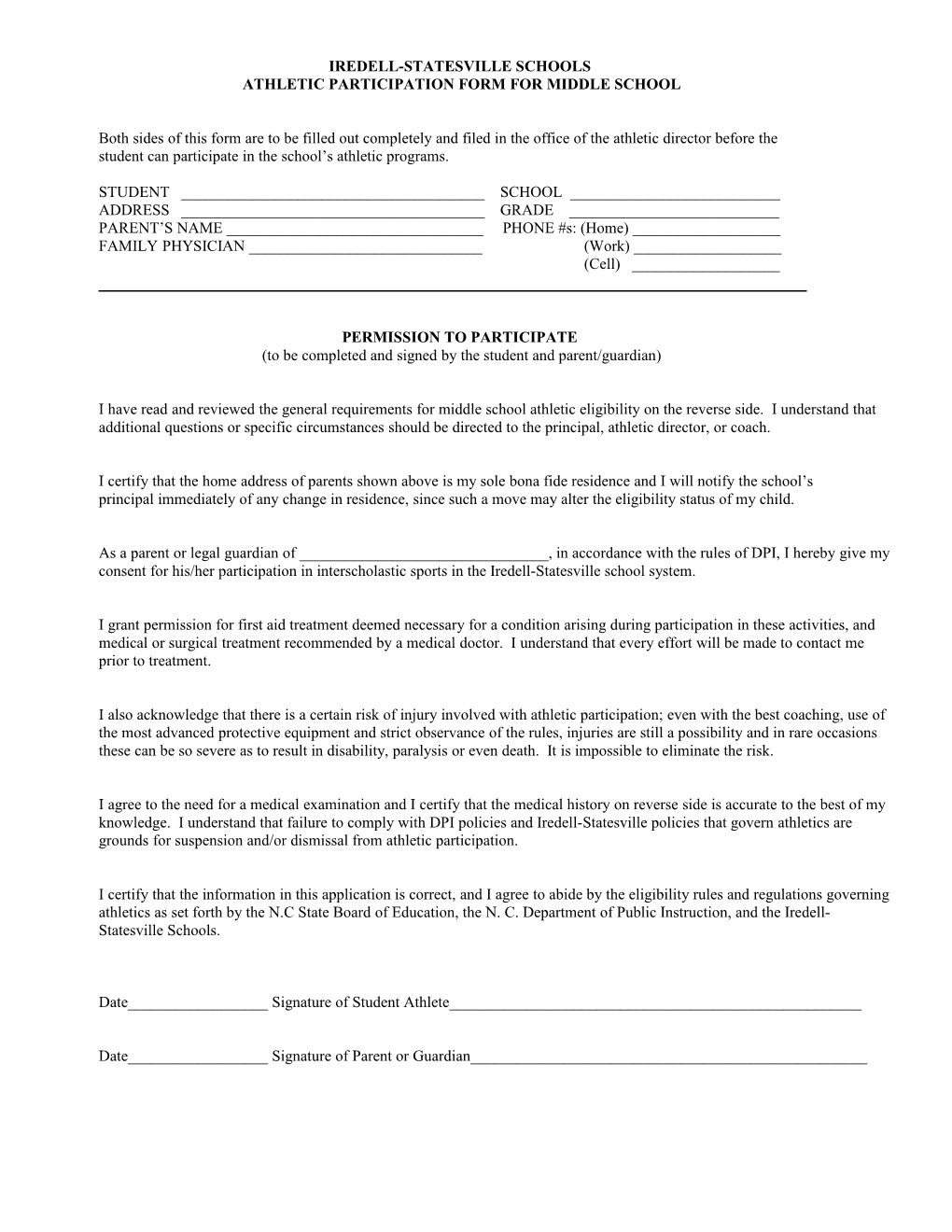 Iredell-Statesville Schools Athletic Participation Form
