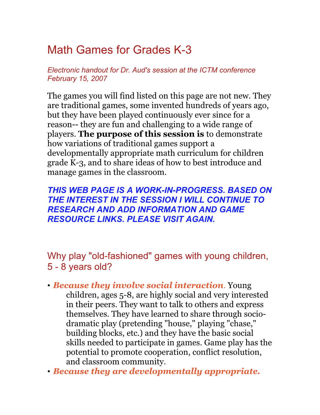 Math Games for Grades K-3