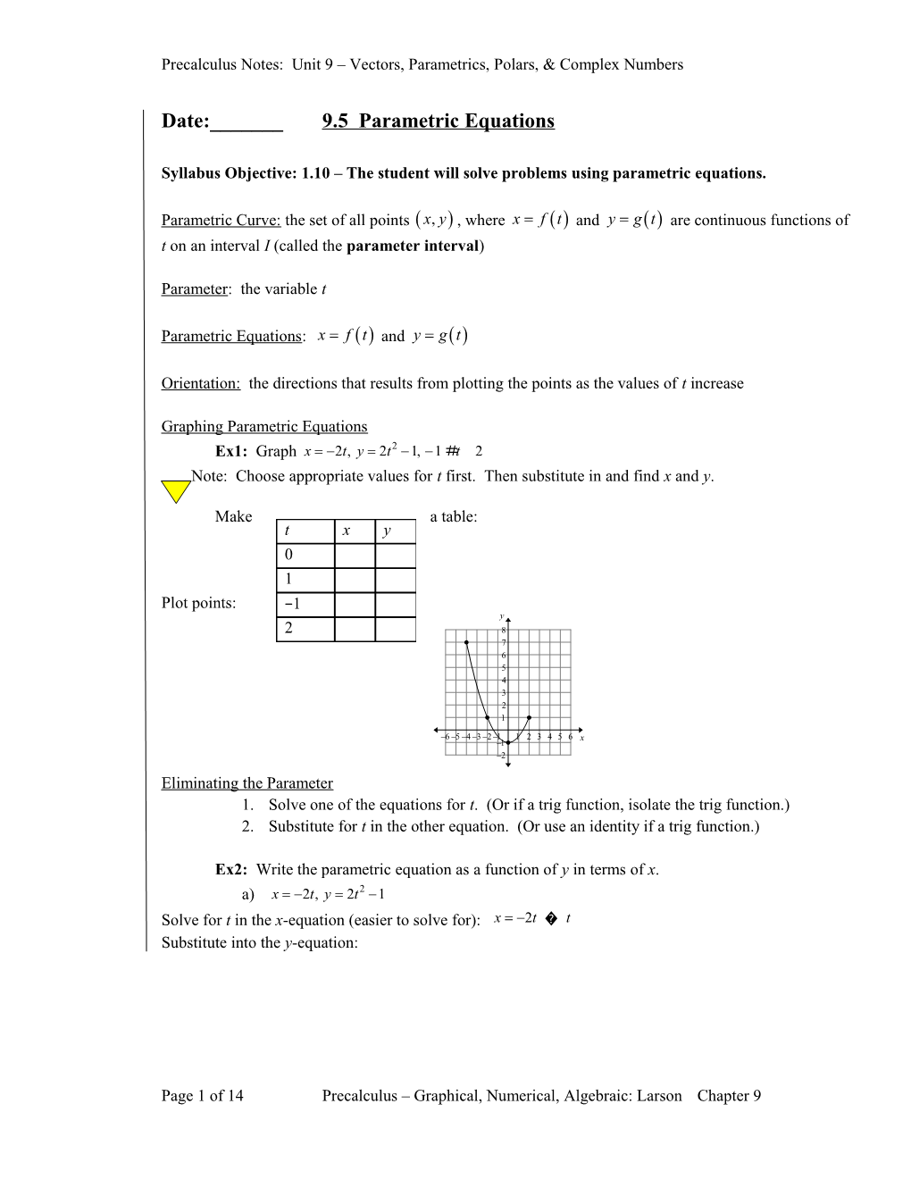 Precalculus Notes: Unit 9 Vectors, Parametrics, Polars, & Complex Numbers