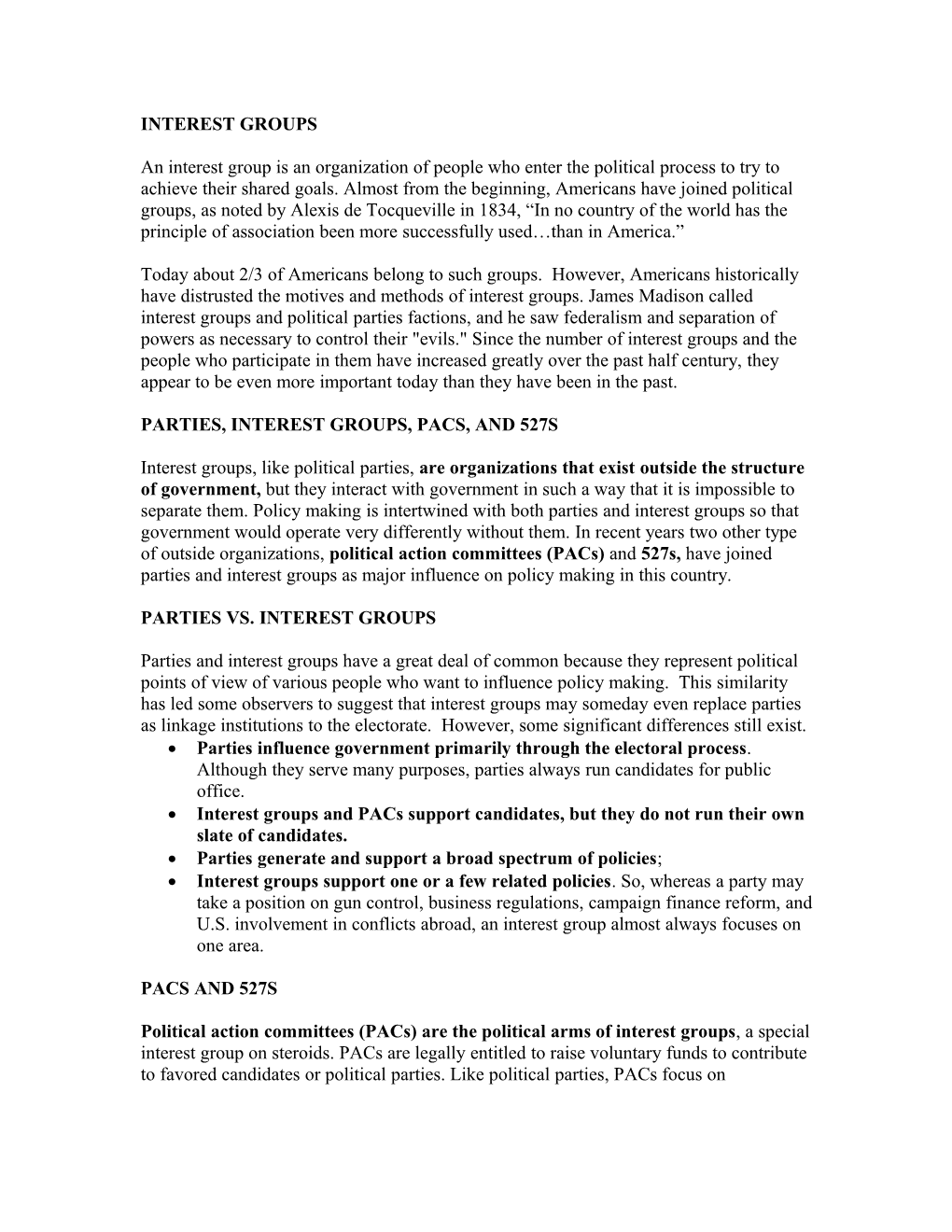 Parties, Interest Groups, Pacs, and 527S s1