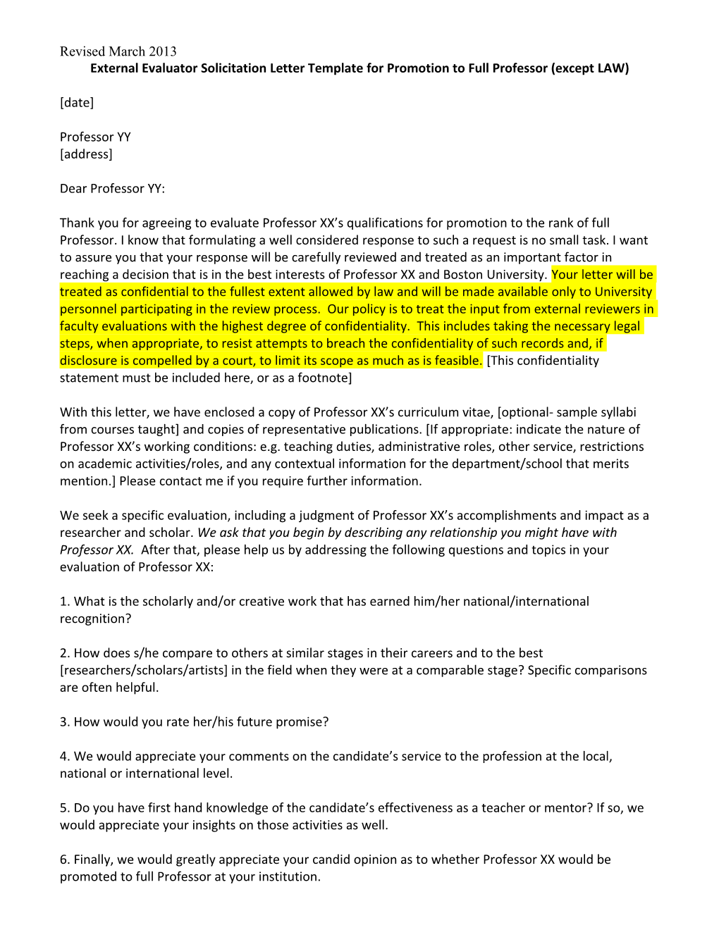 External Evaluator Solicitation Letter Template for Promotion to Full Professor (Except LAW)