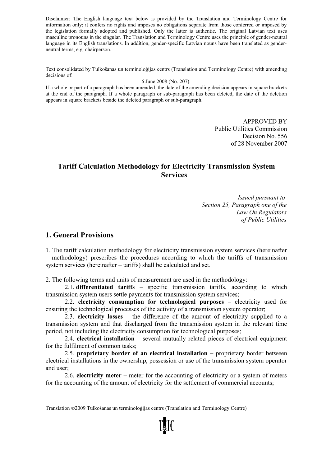 Tariff Calculation Methodology for Electricity Transmission System Services