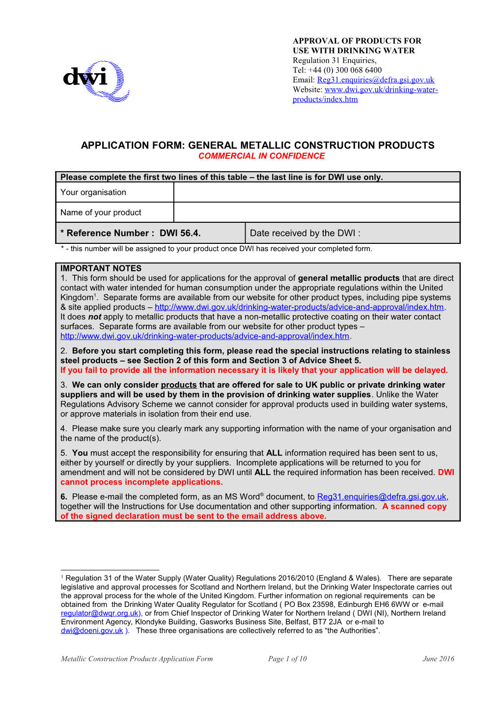 CCM Document CCM/M2 - Application Form for the Approval of a Material