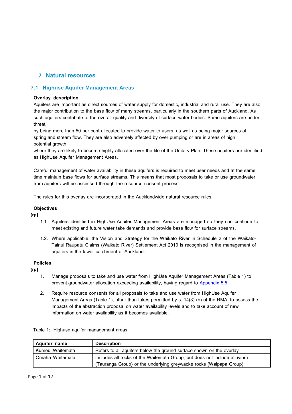 The Proposed Auckland Unitary Plan - Chapter E7: Natural Resources