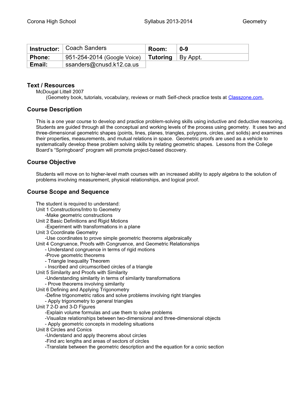 Corona High School Syllabus 2013-2014 Geometry