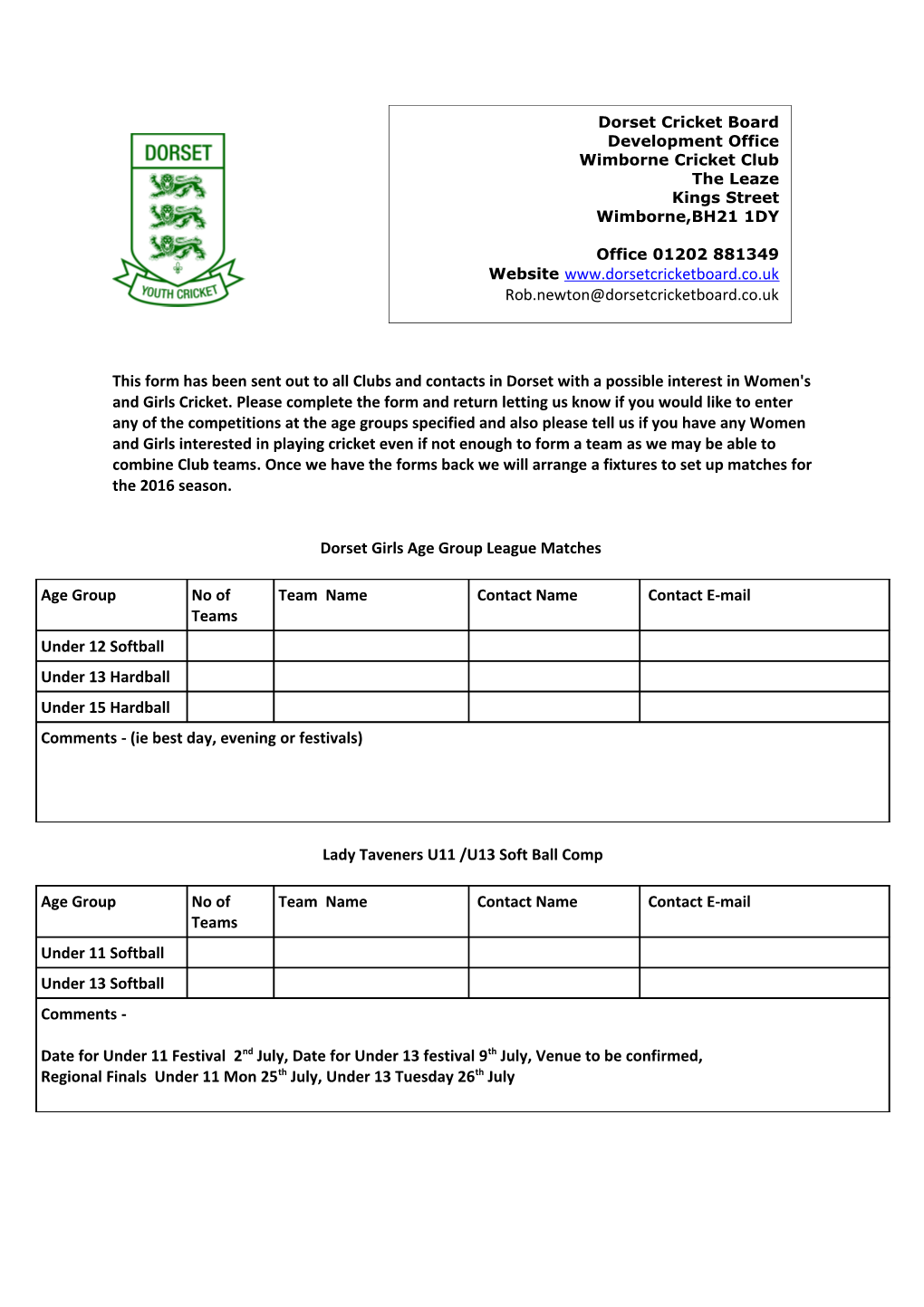 Dorset Girls Age Group League Matches