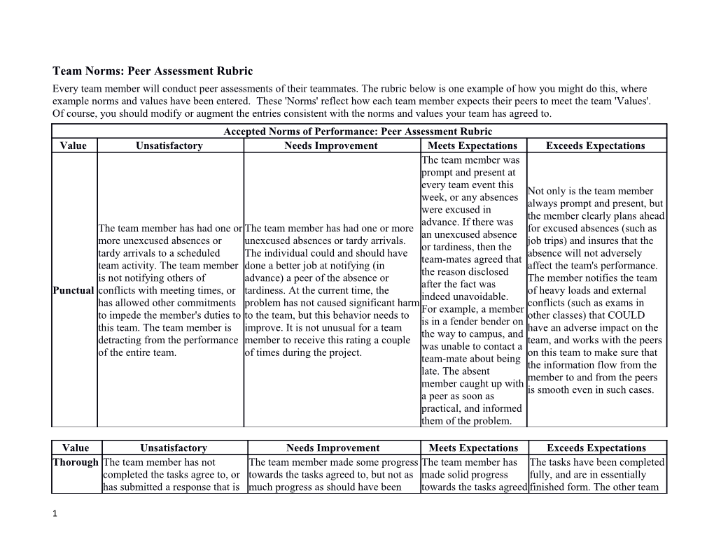 Team Norms: Peer Assessment Rubric