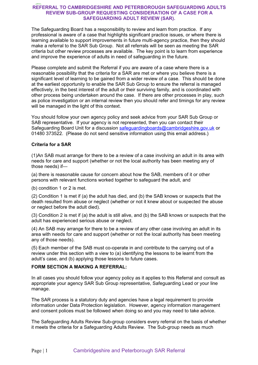 Referral to Cambridgeshire and Peterborough Safeguarding Adults Review Sub-Group Requesting