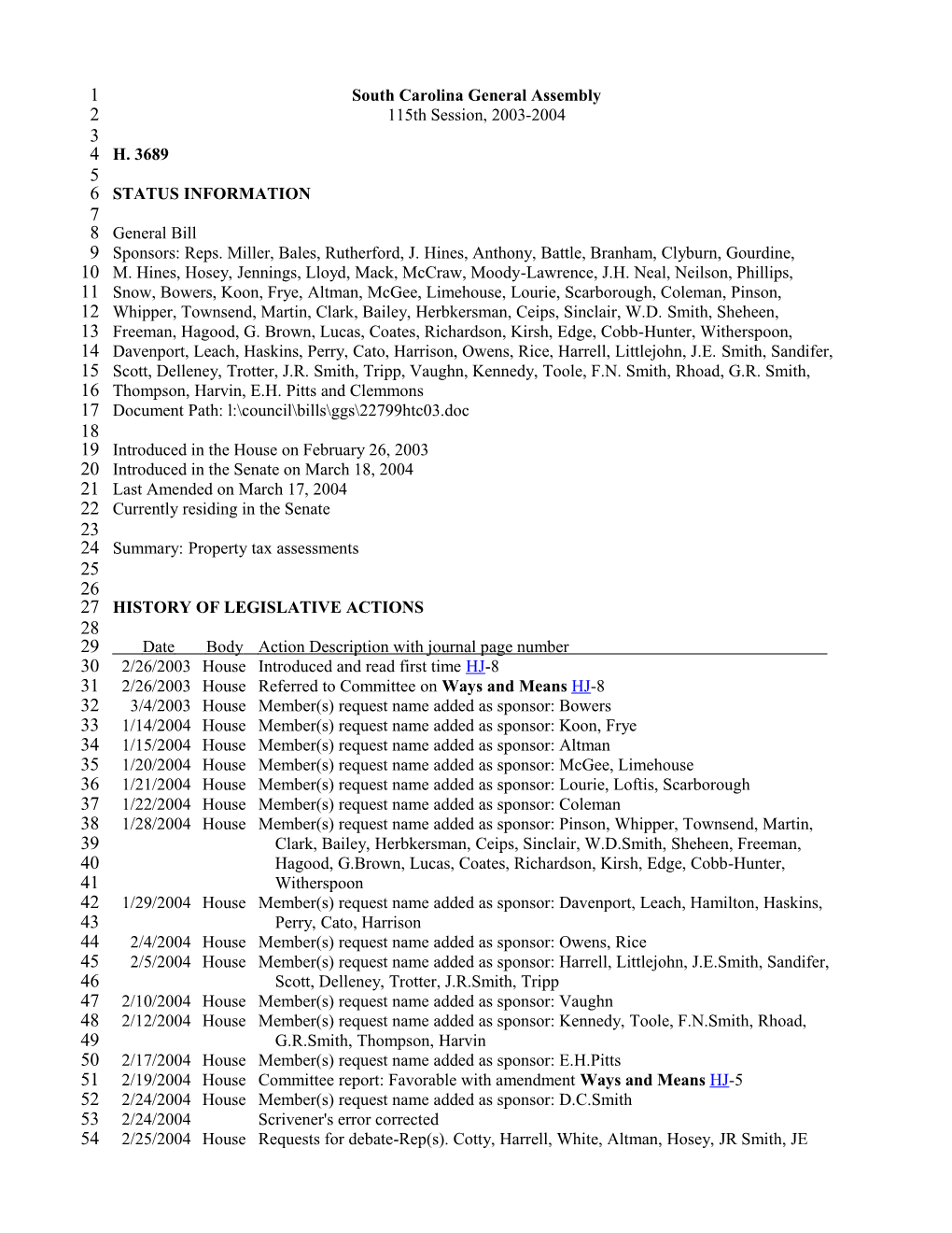 2003-2004 Bill 3689: Property Tax Assessments - South Carolina Legislature Online