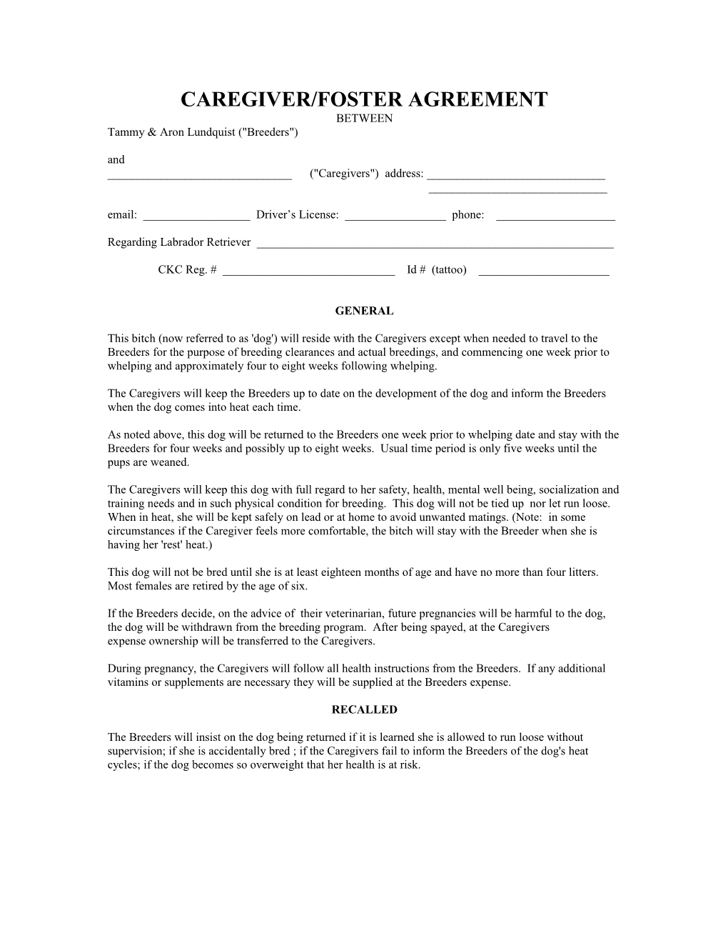 Caregiver/Foster Agreement