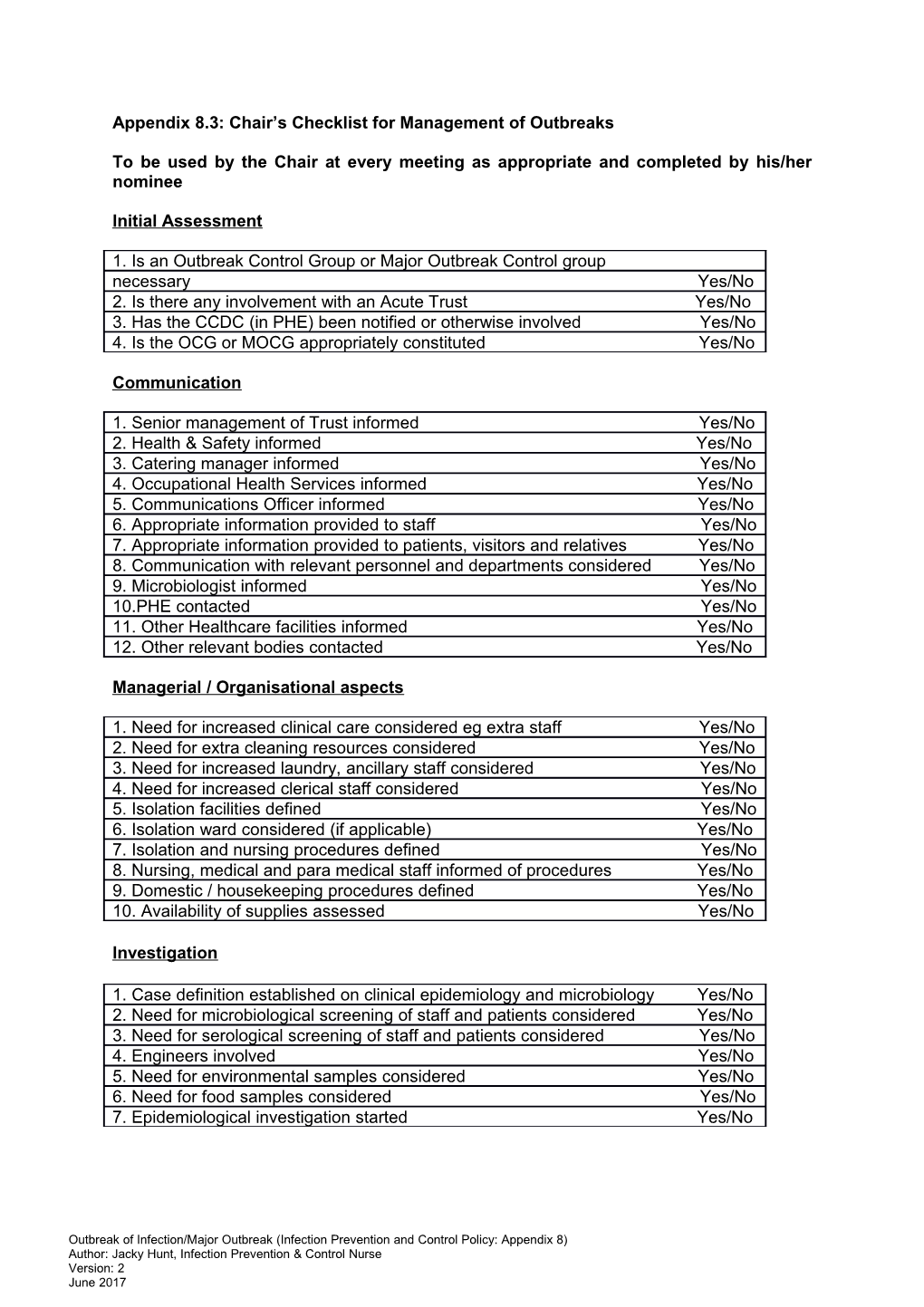 Appendix 8.3: Chair S Checklist for Management of Outbreaks