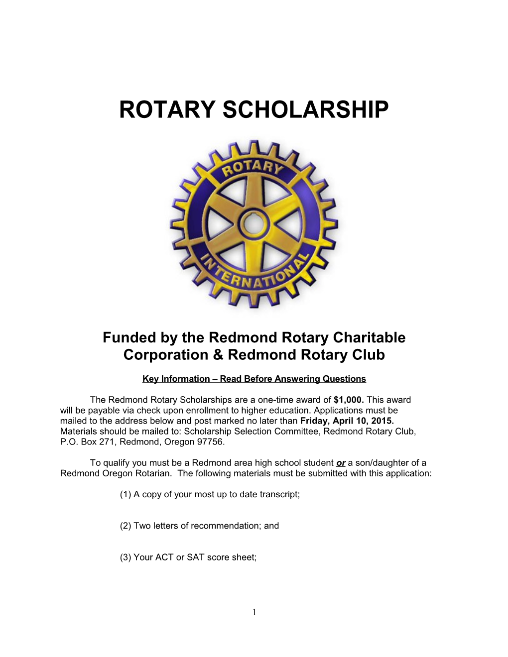 Funded by the Redmond Rotary Charitable Corporation & Redmond Rotary Club