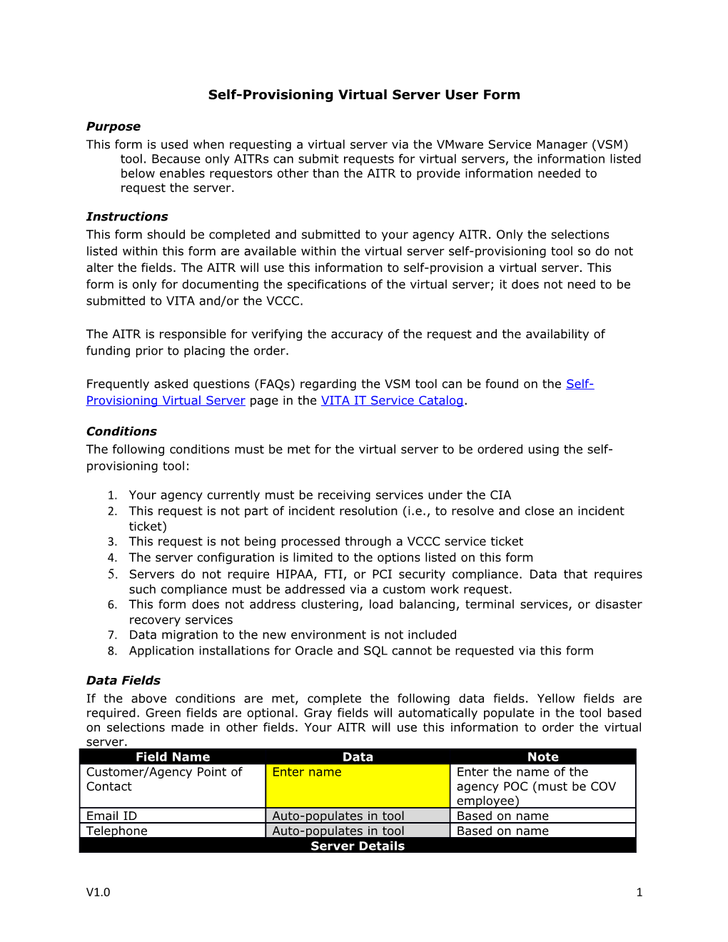 Self-Provisioning Virtual Server User Form