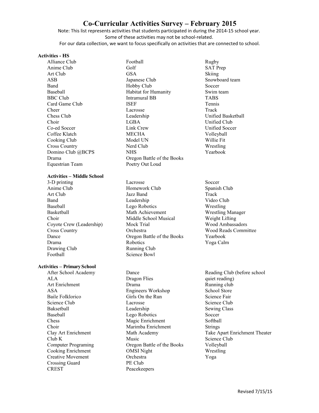 Co-Curricular Activities Survey February 2015