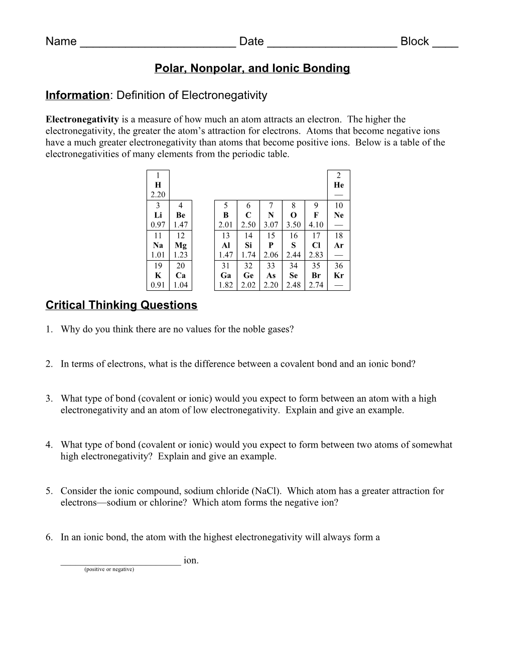 Polar, Nonpolar, and Ionic Bonding