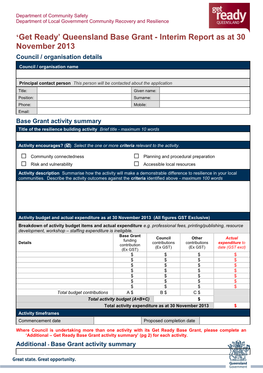 'Get Ready' Queensland Base Grant - Interim Report As at 30 November 2013