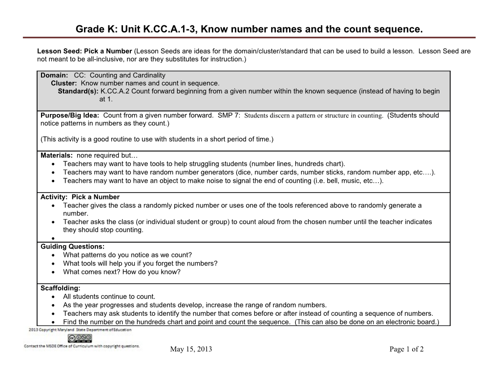 Grade K: Unit K.CC.A.1-3, Know Number Names and the Count Sequence