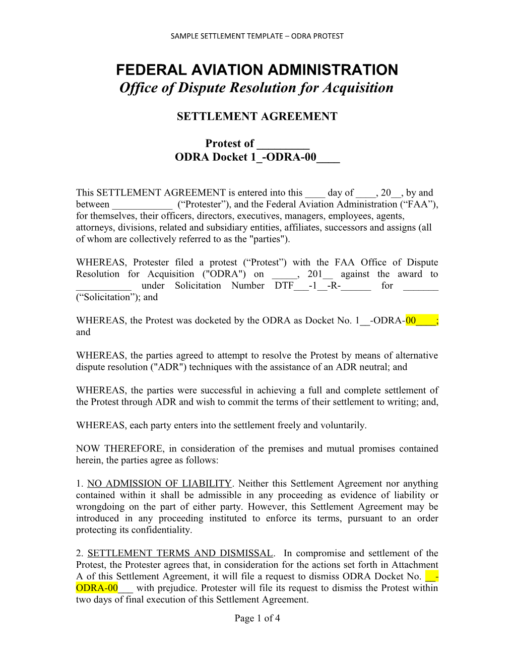 Sample Settlement Template Odra Protest