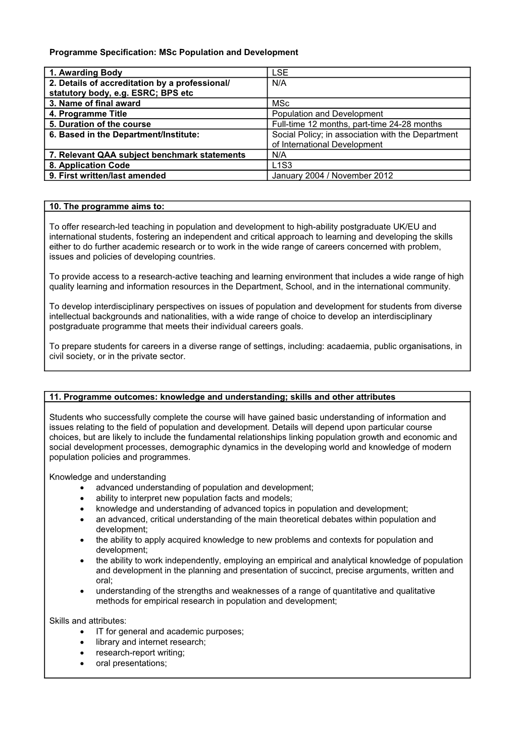 Programme Specification: Msc Population and Development