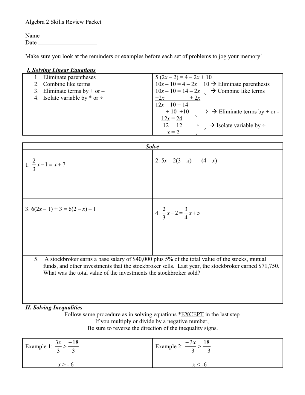 Algebra 2 Skills Review Packet