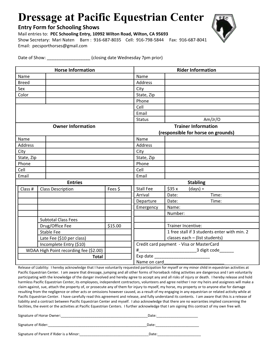 Entry Form for Schooling Shows