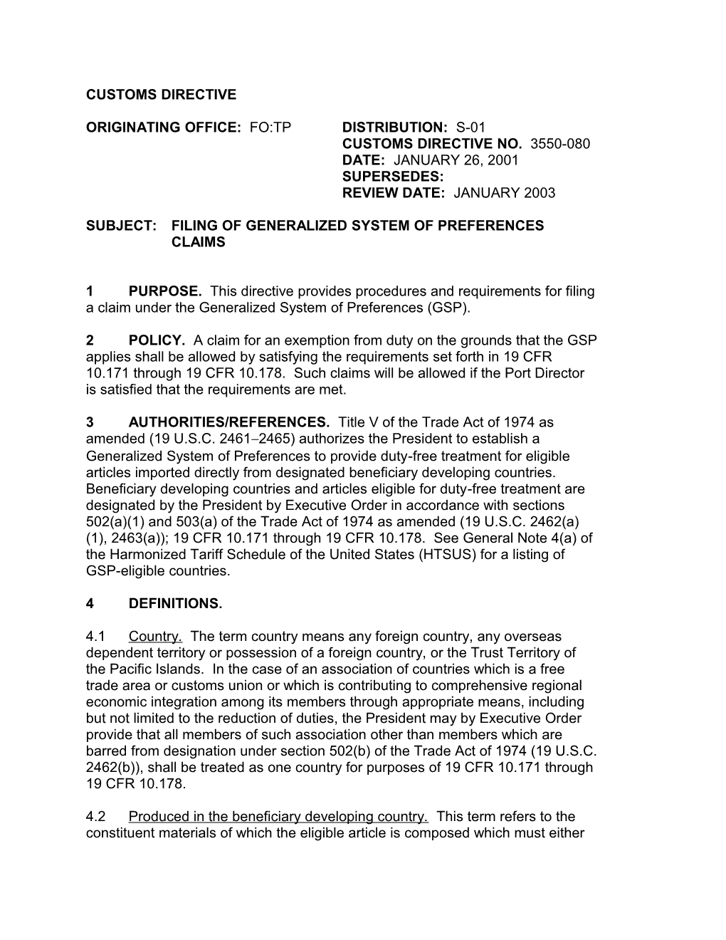 Filing of Generalized System of Preferences Claims