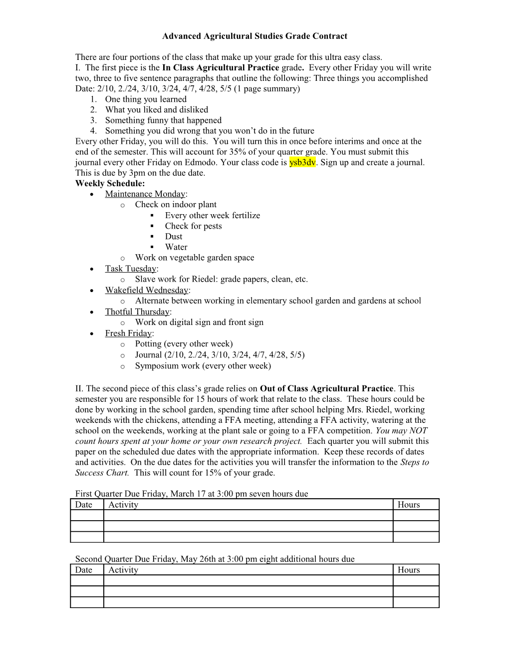 Advanced Agricultural Studies Grade Contract