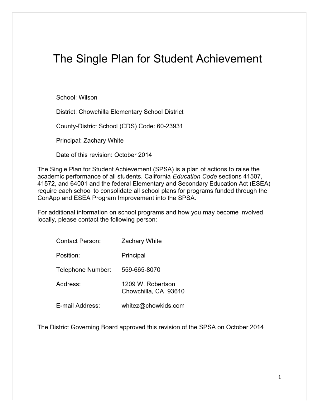 The Single Plan for Student Achievement