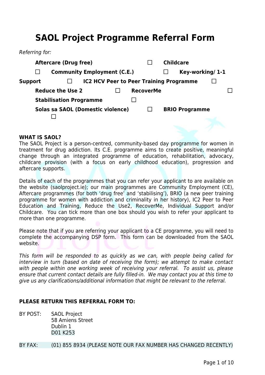 SAOL Project Programme Referral Form