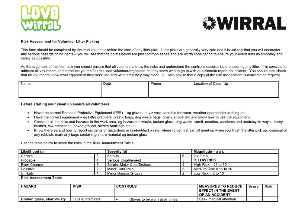 Wirral Council Risk Assessment for Volunteer Litter Picking