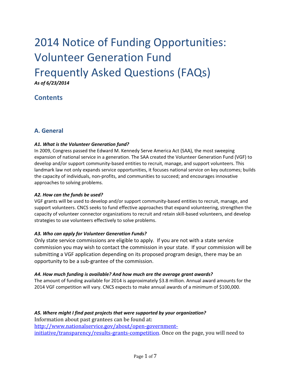 2014 Notice of Funding Opportunities: Volunteer Generation Fund