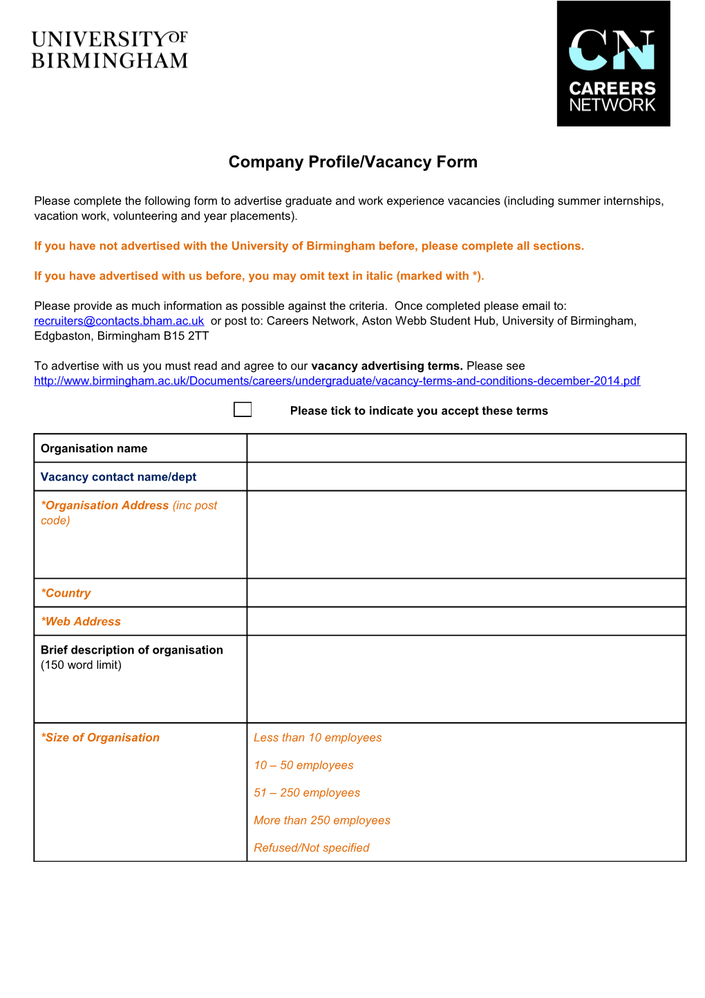 Company Profile/Vacancy Form