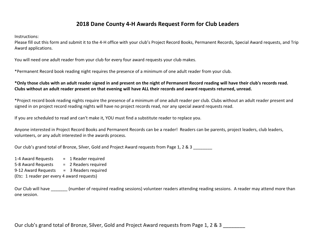 2018Dane County 4-H Awards Request Form for Club Leaders