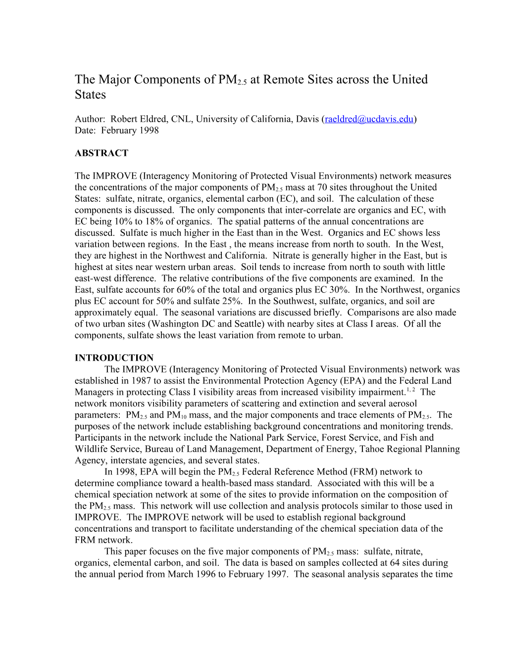 The Major Components of PM2.5 at Remote Sites Across the United States