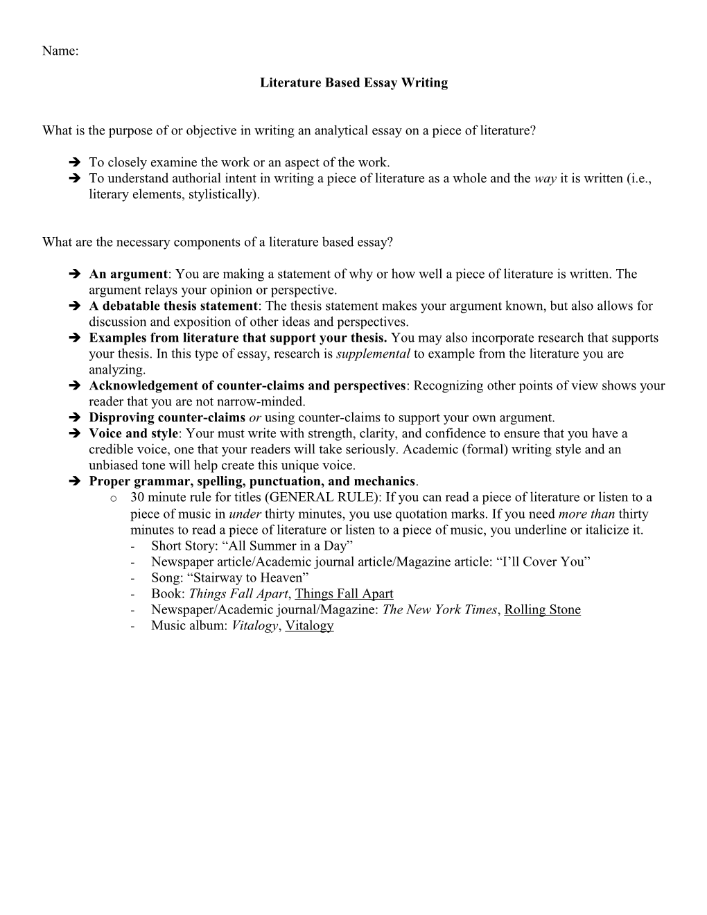 Literature Based Essay Writing