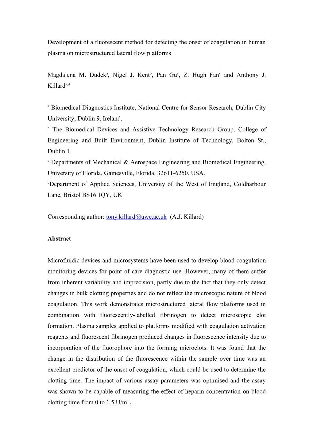 Suggested Figures for Second Aptt Assay Development Publication Focussing More on the Assay